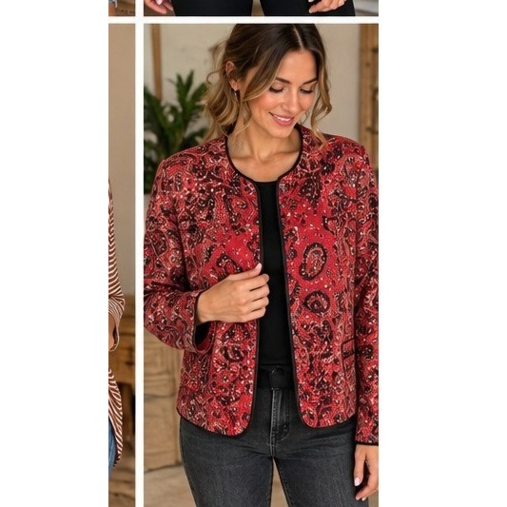 Drapers & Damons Red Black Paisley Sequin Open Front Jacket Size 16 RN 70543